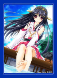 Rule 34 | 10s, 1girl, aoi hiro, barefoot, black hair, detached sleeves, dutch angle, feet, hairband, haruna (kancolle), kantai collection, legs, long hair, looking at viewer, nontraditional miko, orange eyes, pleated skirt, sitting, skirt, solo, toes, wind