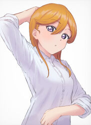 Rule 34 | 1girl, absurdres, collared shirt, commentary, english commentary, gomadare4869, hair between eyes, hand up, highres, long sleeves, looking at viewer, love live!, love live! superstar!!, medium hair, orange hair, parted lips, purple eyes, shibuya kanon, shirt, sleeves rolled up, solo, upper body, white background, white shirt