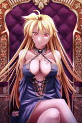 Rule 34 | 1girl, blonde hair, breasts, cleavage, closed mouth, commentary request, crossed legs, dress, fate testarossa, large breasts, long hair, looking at viewer, lyrical nanoha, mahou shoujo lyrical nanoha, red eyes, sitting, smile, solo, sougetsu izuki, very long hair
