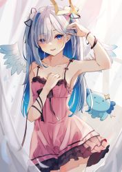 Rule 34 | 1girl, :d, amane kanata, arm up, armpits, bare shoulders, black ribbon, blue eyes, blue hair, blush, collarbone, colored inner hair, cowboy shot, creature, curtains, dress, frilled dress, frills, grey hair, hair ribbon, halo, hand on own chest, highres, hololive, long hair, looking at viewer, miakiuehashi, multicolored hair, open mouth, pink dress, ribbon, sleeveless, sleeveless dress, smile, solo, two-tone hair, two side up, virtual youtuber, wristband