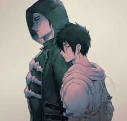 Rule 34 | 2boys, antennae, black hair, closed mouth, dagger, dokuga, dorohedoro, drawstring, facial mark, from side, frown, holster, holstered, hood, hood down, hood up, hooded coat, hoodie, kai (dorohedoro), knife, long sleeves, looking at viewer, looking away, male focus, multiple boys, panco, pouch, profile, short hair, shoulder holster, sideburns, sideways glance, simple background, smirk, toned, toned male, upper body, weapon, yellow background, yellow eyes, zipper