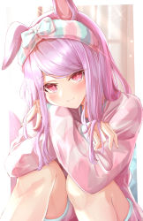 Rule 34 | 1girl, absurdres, animal ears, blush, bow hairband, closed mouth, hairband, highres, horse ears, horse girl, long hair, long sleeves, looking at viewer, mejiro mcqueen (umamusume), purple hair, red eyes, sky cappuccino, sleeves past wrists, smile, solo, swept bangs, umamusume