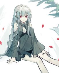 Rule 34 | 1girl, absurdres, arknights, bare shoulders, bikini, bikini under clothes, black bikini, black shirt, blouse, braid, breasts, cleavage cutout, clothing cutout, colored skin, crown braid, feet out of frame, flower, grey background, grey hair, hair flower, hair ornament, highres, kokao358, official alternate costume, petals, red eyes, see-through, see-through shirt, shirt, sitting, slit pupils, small breasts, solo, swimsuit, warfarin (arknights), warfarin (casual vacation) (arknights), white flower, white skin