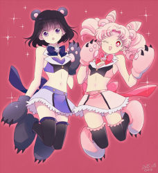 Rule 34 | 1990s (style), 2girls, :o, ;d, animal costume, animal ears, animal hands, artist name, bad id, bad pixiv id, bare shoulders, bear claws, bear costume, bear ears, bear paws, bishoujo senshi sailor moon, bishoujo senshi sailor moon s, black hair, black legwear, blunt bangs, bow, breasts, brooch, chibi usa, cleavage, cone hair bun, cosplay, creator connection, crossover, dated, double bun, earrings, frilled skirt, frills, gradient background, hair bun, heart, heart brooch, jewelry, looking at viewer, midriff, multiple girls, navel, one eye closed, open mouth, paw shoes, pink hair, purple eyes, purple skirt, red eyes, retro artstyle, ribbon, saki (hxaxcxk), short hair, signature, skirt, small breasts, smile, star brooch, thighhighs, tomoe hotaru, twintails, yuri kuma arashi, yurigasaki lulu, yurigasaki lulu (cosplay), yurishiro ginko, yurishiro ginko (cosplay), zettai ryouiki