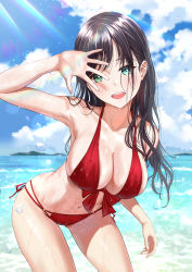 Rule 34 | 1girl, absurdres, arm up, bare shoulders, beach, bikini, black hair, blue sky, breasts, cleavage, collarbone, commentary request, cowboy shot, day, eyes visible through hair, green eyes, halterneck, highres, large breasts, leaning forward, long hair, looking at viewer, mole, mole on leg, navel, original, outdoors, red bikini, resolution mismatch, revision, side-tie bikini bottom, sky, solo, source smaller, standing, stomach, swimsuit, tooku0, water, wet