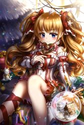 Rule 34 | 1girl, 42 navy, bad id, bad pixiv id, blue eyes, character request, detached sleeves, gift, gingerbread house, heart, ice cream cone, leg ribbon, light brown hair, long hair, ornament, ribbon, sitting, snow globe, snowman, solo, star (symbol), sword, sword girls, twintails, wand, weapon
