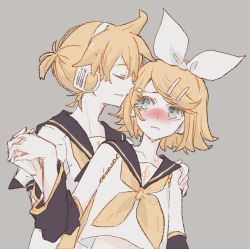 Rule 34 | bare shoulders, bass clef, blonde hair, blush, bow, collarbone, colored eyelashes, detached sleeves, embarrassed, green eyes, hair bow, hair ornament, hairclip, headphones, headset, holding hands, imminent kiss, interlocked fingers, kagamine len, kagamine rin, looking at another, looking to the side, neckerchief, necktie, nervous, parted lips, sailor collar, sakanashi, shirt, sketch, sleeveless, sleeveless shirt, treble clef, vocaloid, yellow neckerchief, yellow necktie