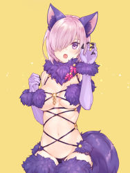Rule 34 | 1girl, :o, animal ears, bare shoulders, bikini, black panties, blush, bow, breasts, claw pose, cleavage, cowboy shot, detached collar, diamond (shape), elbow gloves, fate/grand order, fate (series), fur, fur trim, gloves, hair over one eye, halloween costume, highres, lace, lace-trimmed legwear, lace trim, light particles, looking at viewer, mash kyrielight, mash kyrielight (dangerous beast), medium breasts, navel, o-ring, o-ring bikini, official alternate costume, one eye covered, panties, pink bow, purple eyes, purple hair, revealing clothes, rimo, short hair, simple background, skindentation, solo, strap gap, tail, thighhighs, underboob, underwear, wolf ears, wolf tail, yellow background