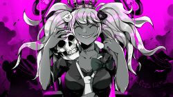 Rule 34 | 1girl, bear, bow, bra, breasts, cleavage, collarbone, crown, danganronpa: trigger happy havoc, danganronpa (series), enoshima junko, facing viewer, grin, hands up, hat, highres, large breasts, long hair, milyoasis, nail polish, necktie, pink background, pink nails, shirt, short sleeves, skull, smile, solo, teeth, top hat, twintails, underwear, upper body