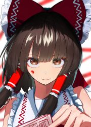 Rule 34 | 1girl, absurdres, bare shoulders, bow, brown eyes, brown hair, closed mouth, commentary request, eyeshadow, frilled bow, frilled hair tubes, frilled shirt collar, frills, hair bow, hair tubes, hakurei reimu, hand up, highres, long hair, looking at viewer, makeup, nelbayasi, red bow, red eyeshadow, solo, touhou, upper body, yin yang tattoo