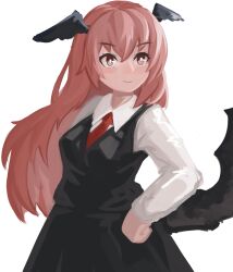 Rule 34 | &gt;:), 1girl, absurdres, bat wings, black skirt, black vest, black wings, blush, breasts, bright pupils, collared shirt, dress shirt, eyelashes, hair between eyes, hand on own hip, head wings, highres, koakuma, lenserd, light smile, long hair, long sleeves, low wings, medium breasts, mixed-language commentary, necktie, red eyes, red hair, red necktie, shirt, sidelocks, simple background, skirt, skirt set, solo, touhou, v-shaped eyebrows, vest, white background, white pupils, white shirt, wings