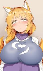 Rule 34 | 1girl, :/, absurdres, animal ears, arms under breasts, blonde hair, blush, breasts, commentary, constricted pupils, dress, fox ears, fox tail, from below, grey background, hands in opposite sleeves, highres, huge breasts, looking at viewer, looking down, medium hair, mizuga, multiple tails, no headwear, simple background, solo, symbol-only commentary, tabard, tail, touhou, upper body, white dress, yakumo ran, yellow eyes