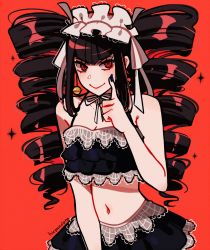 Rule 34 | 1girl, absurdres, artist name, bare shoulders, bikini, black bikini, black hair, black nails, blunt bangs, breasts, celestia ludenberg, cleavage, danganronpa: trigger happy havoc, danganronpa (series), danganronpa s: ultimate summer camp, drill hair, earrings, frills, gothic lolita, hand up, highres, huyandere, index finger raised, jewelry, lace trim, lolita fashion, long hair, looking at viewer, nail polish, navel, red background, red eyes, ribbon, simple background, smile, solo, sparkle, stomach, swimsuit, twin drills, twintails, upper body, white ribbon