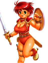 Rule 34 | 1990s (style), 1girl, armor, belt, blade, breasts, cleavage, final fantasy, final fantasy iii, gox, green eyes, large breasts, leotard, moriichi, open mouth, red hair, red leotard, retro artstyle, shield, short hair, shoulder pads, smile, solo, square enix, sword, warrior of light (ff1), warrior of the light, weapon