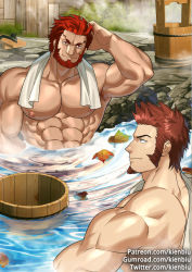 Rule 34 | 2boys, abs, armpits, bara, barrel, beard, blue eyes, brown hair, collarbone, couple, facial hair, fate/grand order, fate/zero, fate (series), hand in own hair, iskandar (fate), kienbiu, large pectorals, leaf, long sideburns, looking at another, male focus, multiple boys, muscular, napoleon bonaparte (fate), nipples, onsen, paid reward available, partially submerged, pectorals, red eyes, red hair, sideburns, sitting, smile, steam, towel, towel around neck, water, watermark, web address, wet