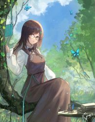 Rule 34 | bag, black-framed eyewear, black bow, black bowtie, blue sky, blush, book, book stack, bow, bowtie, brown dress, brown hair, bug, butterfly, cloud, day, dress, feet out of frame, glasses, hair ornament, hairclip, highres, insect, long hair, long sleeves, looking at viewer, original, outdoors, parted lips, pinafore dress, plant, round eyewear, shirt, signature, sitting, sky, sleeveless dress, solo, swept bangs, table, tree, white shirt, xyunx, yellow eyes