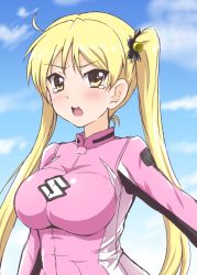 Rule 34 | 10s, 1girl, ahoge, bakuon!!, bell, biker clothes, bikesuit, blonde hair, blush, bodysuit, breasts, diesel-turbo, hair bell, hair ornament, large breasts, long hair, looking at viewer, open mouth, skin tight, solo, suzunoki rin, tears, twintails, yellow eyes