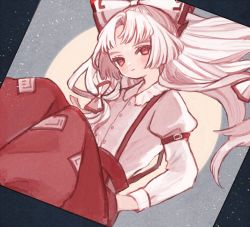 Rule 34 | 1girl, black border, blush, border, bow, buttons, closed mouth, collared shirt, commentary request, eyelashes, fujiwara no mokou, grey shirt, grey sky, hair bow, hands in pockets, juliet sleeves, long hair, long sleeves, looking at viewer, moon, ofuda, ofuda on clothes, pants, puffy sleeves, red bow, red eyes, red pants, shirt, sitting, sky, solo, touhou, white bow, white hair, yujup