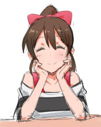 Rule 34 | 10s, 1girl, ^ ^, bad id, bad pixiv id, blush, head rest, closed eyes, closed eyes, h@ll, hair ribbon, hands on own cheeks, hands on own face, idolmaster, idolmaster million live!, off-shoulder shirt, off shoulder, ponytail, ribbon, satake minako, shirt, sketch, smile, solo