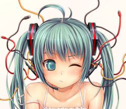 Rule 34 | 1girl, :/, ahoge, android, aqua eyes, aqua hair, cable, collarbone, hatsune miku, headset, highres, long hair, namaru (summer dandy), one eye closed, portrait, robot ears, solo, strap slip, twintails, upper body, vocaloid, wince, wink