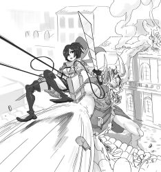 Rule 34 | 1girl, alex ahad, battle, boots, cable, cropped jacket, crossover, dodging, dual wielding, giant, gigan (skullgirls), highres, holding, horns, mikasa ackerman, monochrome, monster, scarf, shingeki no kyojin, short hair, signature, skullgirls, sword, thigh boots, thighhighs, three-dimensional maneuver gear, weapon