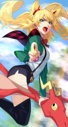 Rule 34 | 1girl, absurdres, aiming, aiming at viewer, blonde hair, blurry, blurry background, boots, bow, bowtie, burn the witch, capelet, dragon, dragon riding, floating hair, green eyes, green jacket, gun, hair between eyes, highres, holding, holding gun, holding weapon, jacket, legs up, long hair, motion blur, ninny spangcole, onimoti, open clothes, open jacket, open mouth, plaid capelet, red bow, red bowtie, red capelet, riding, short shorts, shorts, sidelocks, skirt, solo, suspenders, teeth, thigh boots, thigh strap, upper teeth only, weapon, white skirt