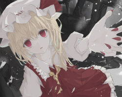 Rule 34 | 1836547, 1girl, blonde hair, collarbone, collared shirt, fingernails, flandre scarlet, frilled shirt collar, frilled skirt, frills, from above, hat, hat ribbon, looking at viewer, looking up, medium hair, mob cap, nail polish, one side up, outdoors, pointy ears, puffy short sleeves, puffy sleeves, red eyes, red nails, red ribbon, red skirt, red vest, ribbon, ribbon-trimmed headwear, ribbon trim, sharp fingernails, shirt, short sleeves, skirt, snow, solo, touhou, vest, white hat, white shirt