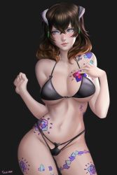 Rule 34 | 1girl, artist name, bikini, black background, black bra, bloodstained: ritual of the night, blue eyes, blush, bra, breasts, brown hair, cleavage, highres, horns, large breasts, miriam (bloodstained), navel, panties, ragecndy, simple background, solo, swimsuit, tattoo, thong, underboob, underwear