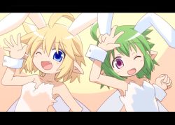 Rule 34 | 2girls, animal ears, blonde hair, blue eyes, borrowed character, rabbit ears, character request, fairy wings, fang, green hair, kso, letterboxed, looking at viewer, meyuu (kso), multiple girls, one eye closed, open mouth, purple eyes, short hair, smile, wings, wrist cuffs