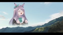 Rule 34 | 1girl, animal ears, big enough (meme), bow, clenched hands, cloud, commentary request, closed eyes, frilled shirt collar, frills, hair bow, horse ears, letterboxed, long hair, mejiro mcqueen (umamusume), meme, mountainous horizon, open mouth, parody, pretty mundane, projected inset, purple hair, screaming, sky, solo, umamusume, upper body
