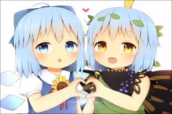 Rule 34 | 2girls, antennae, aqua hair, bad id, bad pixiv id, blue bow, blue dress, blue eyes, blue hair, blush, bow, butterfly wings, cirno, collared shirt, detached wings, dress, eternity larva, fairy, flower, green dress, hair between eyes, hair bow, heart, heart hands, heart hands duo, ice, ice wings, insect wings, leaf, leaf on head, multicolored clothes, multicolored dress, multiple girls, open mouth, poco (zdrq3), puffy short sleeves, puffy sleeves, shirt, short hair, short sleeves, simple background, single strap, smile, sunflower, tanned cirno, touhou, upper body, white background, white shirt, wings, yellow eyes, yellow flower
