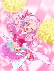 Rule 34 | 10s, 1girl, ;d, abstract background, arms up, cone hair bun, cure yell, double bun, flower, hair bun, hair flower, hair ornament, hair ribbon, heart, heart hair ornament, holding, hugtto! precure, layered skirt, long hair, looking at viewer, magical girl, navel, nono hana, one eye closed, open mouth, pink background, pink eyes, pink footwear, pink hair, pink shirt, pink skirt, pink theme, pom pom (cheerleading), precure, red ribbon, ribbon, see-through, shirt, shoes, skirt, sleeveless, sleeveless shirt, smile, solo, thighhighs, tj-type1, white thighhighs, zettai ryouiki