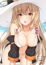 Rule 34 | 1girl, :o, artist name, bikini, blush, breast tattoo, breasts, brown hair, character name, cleavage, collarbone, cowboy shot, dated, girls&#039; frontline, hat, jacket, large breasts, leaning forward, long hair, looking at viewer, m37 (girls&#039; frontline), m37 (summer parader) (girls&#039; frontline), navel, official alternate costume, open clothes, open jacket, open mouth, orange eyes, see-through, signature, solo, sun hat, swimsuit, tattoo, twitter username, unel1211, white bikini