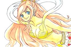 Rule 34 | 1girl, bikini, blue eyes, closed mouth, commentary request, earrings, fish hair ornament, hagoromo, hair ornament, half updo, highres, jewelry, long hair, looking to the side, mermaid, monster girl, one piece, oto cos02, pink hair, shawl, shell, shell earrings, shirahoshi, sidelocks, simple background, smile, solo, swept bangs, swimsuit, very long hair, yellow bikini