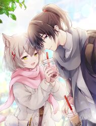 Rule 34 | 1boy, 1girl, alternate costume, animal ear fluff, animal ears, bag, black hair, blue eyes, blue jacket, blue scarf, blush, bubble tea, cat ears, commentary request, contemporary, couple, cup, disposable cup, grey hair, handbag, height difference, highres, jacket, leaf, long hair, long sleeves, mio (xenoblade), noah (xenoblade), open clothes, open jacket, pink scarf, ponytail, scarf, shirt, short hair, sweater, ui frara, white bag, white shirt, white sweater, xenoblade chronicles (series), xenoblade chronicles 3, yellow eyes