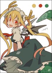 Rule 34 | 1girl, auko, black border, black dress, black wings, blonde hair, border, breasts, color guide, dragon girl, dragon horns, dragon tail, dragon wings, dress, fang, frilled dress, frills, hair between eyes, horns, kobayashi-san chi no maidragon, looking at viewer, maid headdress, medium breasts, puffy short sleeves, puffy sleeves, red eyes, scales, short sleeves, signature, simple background, slit pupils, solo, tail, tail raised, tohru (maidragon), twintails, white background, wings