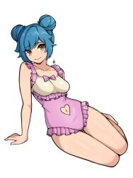 Rule 34 | 1girl, arm support, bare arms, bare shoulders, blue hair, blush, bow, breasts, brown eyes, closed mouth, clothing cutout, collarbone, commentary, commission, double bun, english commentary, frilled one-piece swimsuit, frills, full body, hair bun, heart cutout, highres, looking at viewer, medium breasts, navel, navel cutout, one-piece swimsuit, oninuer, original, pink bow, pink one-piece swimsuit, short hair, simple background, smile, solo, swimsuit, white background