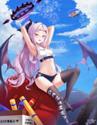 Rule 34 | 1girl, absurdres, aircraft, airship, armpits, arms behind head, arms up, ball, black thighhighs, blue archive, blue buruma, breasts, buruma, clothes writing, cloud, cobalis, demon wings, exercise ball, grey hair, headband, highres, hina (blue archive), horns, knee up, legs, long hair, navel, no shoes, open mouth, outdoors, pink eyes, ponytail, sitting, sky, small breasts, smile, solo, sports bikini, sports bra, thighhighs, thighs, very long hair, white sports bra, wings