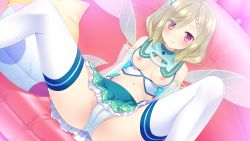 Rule 34 | 1girl, bekotarou, blonde hair, blush, braid, breasts, cameltoe, dutch angle, french braid, game cg, highres, looking at viewer, miniskirt, navel, nipples, panties, pink eyes, pure song garden!, short hair, skirt, smile, solo, spread legs, suzu (pure song garden!), thighhighs, underwear, white panties, white thighhighs, wings