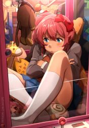 Rule 34 | 1girl, absurdres, blush, borrowed character, bow, crane game, doki doki literature club, hair ornament, hairclip, highres, jacket, khyle., long sleeves, pink eyes, pink hair, purple eyes, red bow, red ribbon, ribbon, sayori (doki doki literature club), short hair, skirt, solo, stuffed toy, two side up