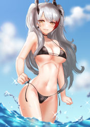 Rule 34 | 1girl, absurdres, antenna hair, azur lane, bikini, black bikini, blue sky, blurry, blurry background, blush, breasts, brown eyes, choker, cloud, collarbone, cross, day, flag print, german flag bikini, groin, hair between eyes, highres, iron cross, large breasts, long hair, looking at viewer, mole, mole on breast, moroes, multicolored hair, navel, open mouth, outdoors, partially submerged, prinz eugen (azur lane), prinz eugen (unfading smile) (azur lane), red hair, ribbon, side-tie bikini bottom, silver hair, sky, smile, solo, sparkle, stomach, streaked hair, swimsuit, thighs, two side up, very long hair, water drop