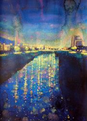 absurdres acrylic_paint_(medium) apartment building highres jobanni lamppost landscape night night_sky no_humans original painting_(medium) reflection reflective_water river sky traditional_media utility_pole water