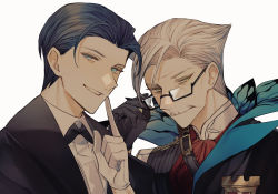 Rule 34 | 2boys, absurdres, adjusting eyewear, albino (a1b1n0623), bad id, bad pixiv id, black hair, blue eyes, bow, bowtie, bug, butterfly, collared shirt, facial hair, fate/grand order, fate (series), finger to mouth, formal, glasses, gloves, green eyes, grey hair, highres, huge filesize, insect, james moriarty (archer) (fate), long sleeves, looking at viewer, male focus, multiple boys, mustache, sherlock shellingford, shirt, shushing, smile, upper body, vest