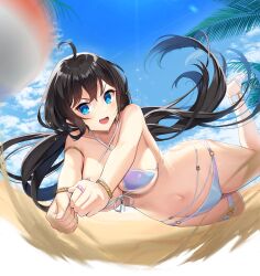 Rule 34 | 1girl, :d, ahoge, ball, bare arms, bare legs, beach, beach volleyball, bikini, black hair, blue eyes, blue sky, blush, bracelet, breasts, closers, cloud, coconut tree, fang, floating hair, front-tie bikini top, front-tie top, full body, highres, jewelry, jumping, large breasts, long hair, looking at viewer, low twintails, navel, official art, open mouth, outdoors, outstretched arms, palm tree, playing sports, purple bikini, ring, sand, sandals, sky, smile, solo, stomach, sweat, swimsuit, thigh strap, tree, twintails, v-shaped eyebrows, volleyball, volleyball (object), white footwear, yuri seo