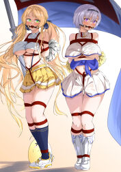 Rule 34 | 2girls, absurdres, arms behind back, azur lane, ball gag, bare shoulders, bdsm, bird, black hairband, black socks, blonde hair, blue ribbon, blush, bondage, boots, bound, breasts, cheerleader, chick, commentary, commission, crop top, crop top overhang, crotch rope, flag, gag, gn nanon, green eyes, grey hair, hair between eyes, hair ribbon, hairband, highres, holding, holding pom poms, hornet (azur lane), hornet (cheering justice!) (azur lane), knee boots, kneehighs, large breasts, long hair, looking at viewer, manjuu (azur lane), miniskirt, multiple girls, navel, official alternate costume, parted bangs, pleated skirt, pom pom (cheerleading), pom poms, purple eyes, purple sash, reno (azur lane), reno (biggest little cheerleader) (azur lane), restrained, ribbon, saliva, sash, see-through, see-through skirt, shadow, shibari, shirt, shoes, short hair, sidelocks, skeb commission, skindentation, skirt, sleeveless, sleeveless shirt, sneakers, socks, standing, stomach, suspender skirt, suspenders, thigh gap, twintails, two-tone shirt, two-tone skirt, underboob, very long hair, white footwear, white shirt, white skirt, wiffle gag, yellow skirt