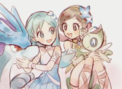Rule 34 | 2girls, :d, bare shoulders, blue dress, blush, brown eyes, brown hair, celebi, commentary, creatures (company), detached sleeves, dress, eye contact, eyelashes, game freak, gen 2 pokemon, green dress, green eyes, green hair, hair ornament, huan li, kris (pokemon), kris (sygna suit) (pokemon), legendary pokemon, long hair, looking at another, lyra (pokemon), lyra (sygna suit) (pokemon), multiple girls, mythical pokemon, nintendo, official alternate costume, open mouth, pokemon, pokemon (creature), pokemon masters ex, simple background, smile, suicune, tongue, white background
