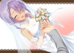 Rule 34 | 1boy, 1girl, 8kumagawa (log), :d, bare shoulders, blush, bouquet, breasts, bridal veil, cafe stella to shinigami no chou, closed eyes, collarbone, commentary, dress, dutch angle, fingernails, floral print, flower, gradient background, hair ornament, hair over one eye, happy, highres, hiuchidani mei, holding, holding bouquet, holding hands, low twintails, medium breasts, medium hair, open mouth, pink background, purple hair, rose, rose print, sidelocks, simple background, sleeveless, sleeveless dress, smile, solo focus, tan, twintails, veil, wedding, wedding dress, white background, white flower, white rose, x hair ornament