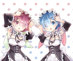 Rule 34 | 10s, 2girls, :o, apron, arms up, black bow, black dress, black ribbon, blue eyes, blue hair, blush, bow, breasts, cleavage, commentary request, detached sleeves, dress, eyes visible through hair, frilled apron, frills, hair ornament, hair over one eye, hair ribbon, hairclip, head tilt, highres, juliet sleeves, long sleeves, medium breasts, melings (aot2846), multiple girls, open mouth, puffy sleeves, purple eyes, purple hair, purple ribbon, ram (re:zero), re:zero kara hajimeru isekai seikatsu, rem (re:zero), ribbon, round teeth, siblings, sisters, sleeveless, sleeveless dress, teeth, twins, upper teeth only, v-shaped eyebrows, waist apron, white apron, white background, white bow, x hair ornament
