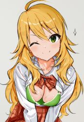 Rule 34 | 1girl, ;), ahoge, blonde hair, blush, bow, bowtie, bra, breasts, brown bow, brown bowtie, cleavage, closed mouth, collared shirt, cowboy shot, green bra, green eyes, grey background, highres, hoshii miki, idolmaster, idolmaster (classic), large breasts, leaning forward, long hair, long sleeves, looking at viewer, one eye closed, open clothes, open shirt, partially unbuttoned, plaid, plaid bow, shirt, sidelocks, simple background, smile, solo, sparkle, split mouth, sweat, underwear, v-shaped eyebrows, v arms, very long hair, wavy hair, white shirt, zenoo