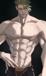 Rule 34 | 1boy, abs, achilles (fate), black background, closed mouth, collarbone, fate/apocrypha, fate (series), green hair, haruakira, highres, large pectorals, looking down, male focus, male underwear, muscular, muscular male, no nipples, open fly, orange eyes, pectorals, simple background, solo, topless male, undercut, underwear